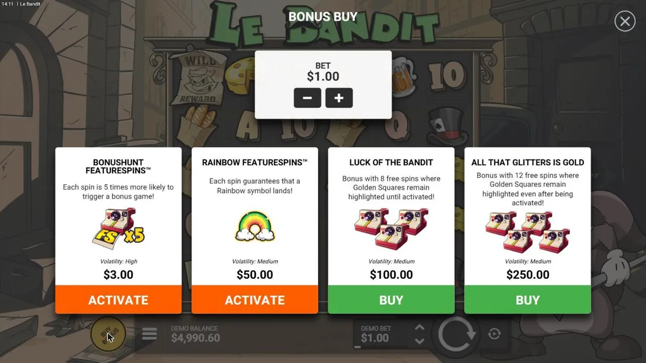Le Bandit buy menu at a $1 bet: BonusHunt FeatureSpins $3, Rainbow FeatureSpins $50, Luck of the Bandit $100 and All That Glitters Is Gold $250