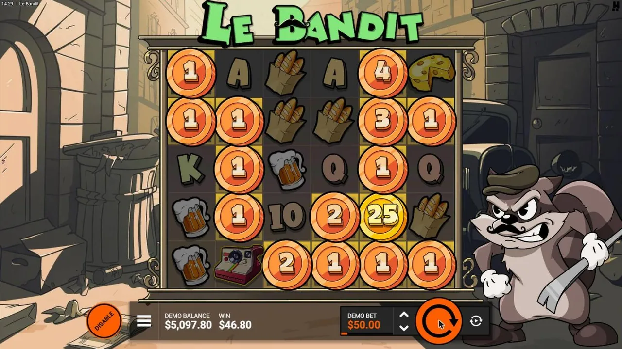 Le Bandit Rainbow FeatureSpins at a $50 demo bet: Bronze Coins across the grid and a 25x Gold Coin, WIN $46.80, DISABLE button on the left