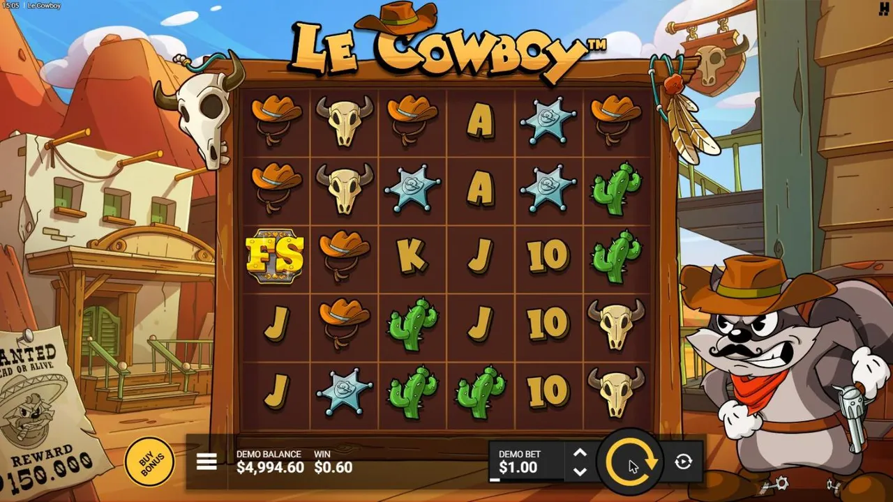 Le Cowboy base game at a $1 bet: a 6x5 grid of card letters, hats, cacti, cow skulls and sheriff stars, Smokey the raccoon in a cowboy hat