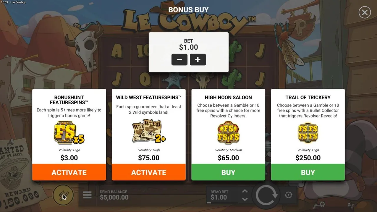Le Cowboy buy menu at a $1 bet: BonusHunt FeatureSpins $3, Wild West FeatureSpins $75, High Noon Saloon $65 and Trail of Trickery $250