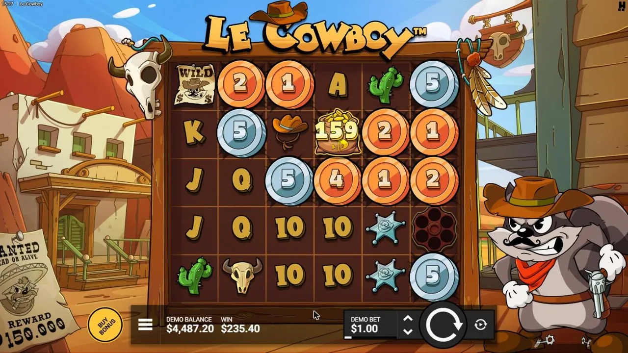 Le Cowboy board after our $250 Trail of Trickery buy, settled: a Loot Bag at 159 among Bronze and Silver Coins, WIN $235.40, balance $4,487.20