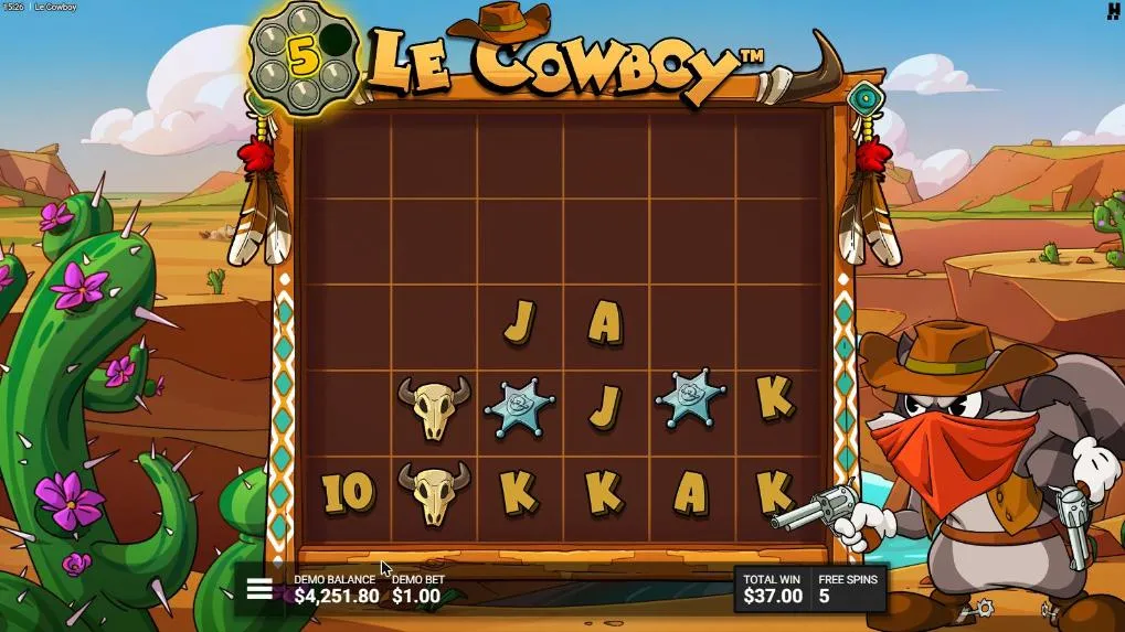 Le Cowboy Trail of Trickery free spin in the desert: the Bullet Collector at 5 above the grid, Smokey masked in a red bandana, TOTAL WIN $37.00