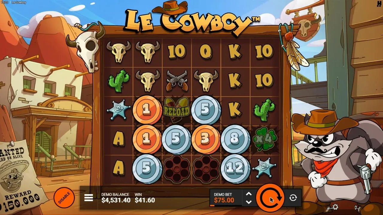 Le Cowboy Wild West FeatureSpins at a $75 demo bet, settled: coins of 1 to 12, a RELOAD, an x4 Green Clover and two spent cylinders, WIN $41.60