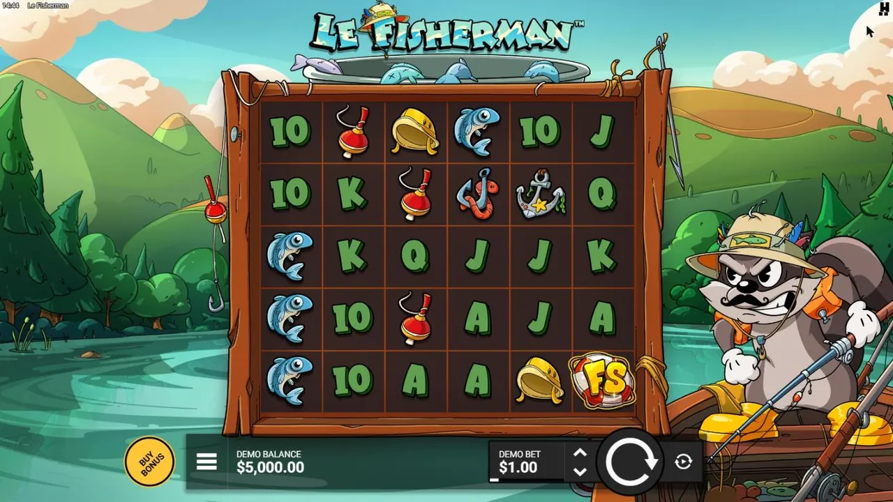 Le Fisherman base game at a $1 bet: a 6x5 grid of fish, anchors, hooks, floats and rain hats, Smokey the raccoon fishing from a rowing boat