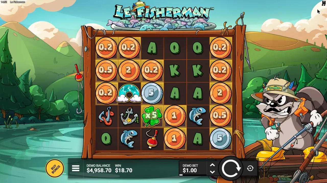 Le Fisherman base spin 84 at a $1 bet, settled: Bronze and Silver Coins and an x5 Green Clover on Golden Squares, a Rainbow on reel 2, WIN $18.70
