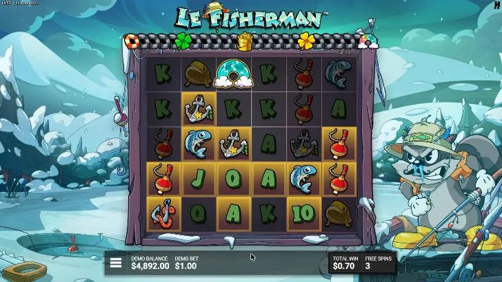 Le Fisherman On Thin Ice free spins on a frozen lake: the Big Catch Bar of life rings above the grid, Golden Squares and a Rainbow on reel 3