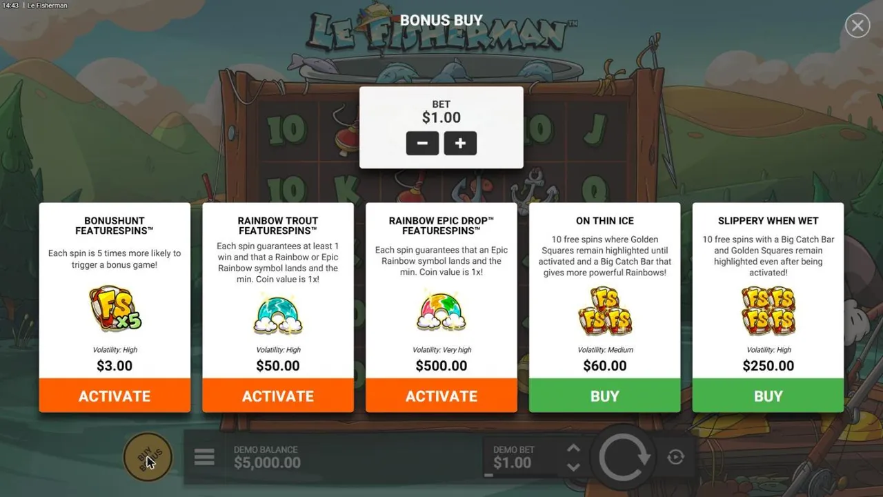 Le Fisherman buy menu at a $1 bet: three FeatureSpins modes at $3, $50 and $500 and the On Thin Ice and Slippery When Wet buys at $60 and $250