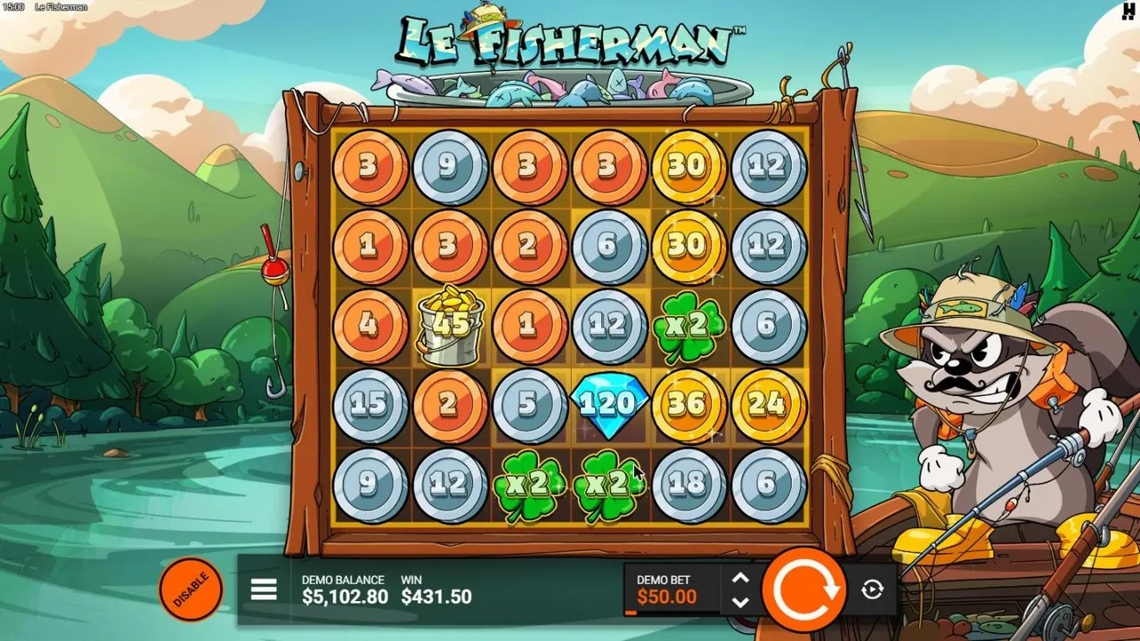 Le Fisherman Rainbow Trout FeatureSpins at a $50 demo bet, settled: coins on every square, a Bucket at 45 and three x2 clovers, WIN $431.50