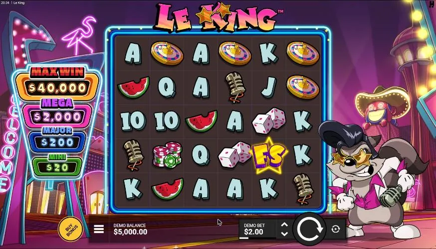Le King base game at the opening $2.00 bet: a 6x5 grid of letters, roulette wheels and dice, the Jackpot Sign and Smokey as Elvis