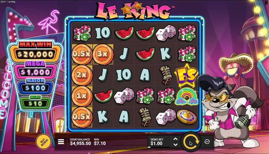 Le King base spin 84 at a $1 bet, settled: a Neon Rainbow on reel 6 turned Golden Squares into five Bronze Coins, WIN $7.10
