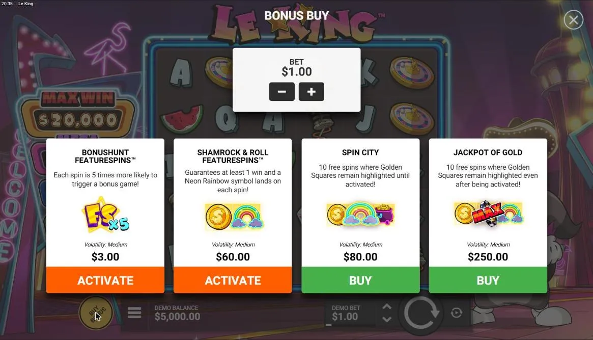 Le King buy menu at a $1 bet: BonusHunt FeatureSpins $3, Shamrock & Roll FeatureSpins $60, Spin City $80 and Jackpot of Gold $250