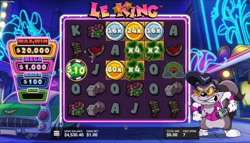 Le King Jackpot of Gold free spin 3: the MINI marker turned into a $10 chip beside coins of 16x to 80x, the MINI panel on the sign lit