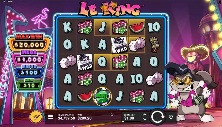 Le King base screen after our $250 Jackpot of Gold buy, settled: WIN $209.20 and a $4,739.60 balance at a $1 bet