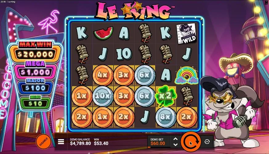 Le King Shamrock & Roll FeatureSpins spin 10 at a $60 bet, settled: Bronze and Silver Coins with an x2 Green Clover, WIN $53.40