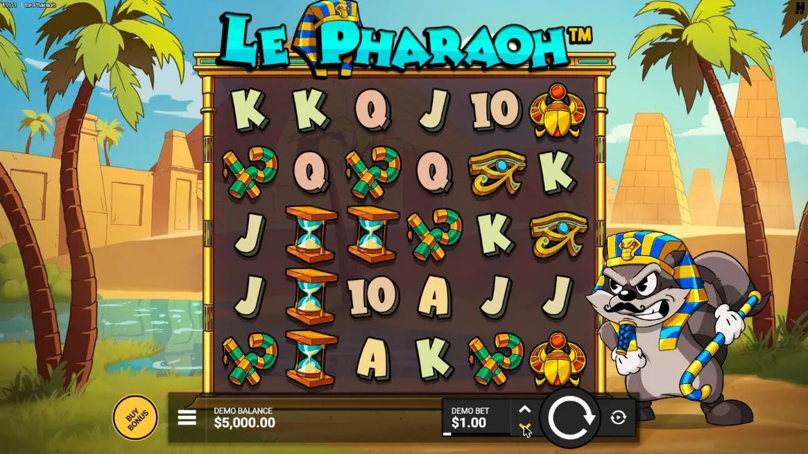 Le Pharaoh base game at a $1 bet: a 6x5 grid of card letters, hourglasses, ankhs and scarabs by an oasis, Smokey in a pharaoh headdress