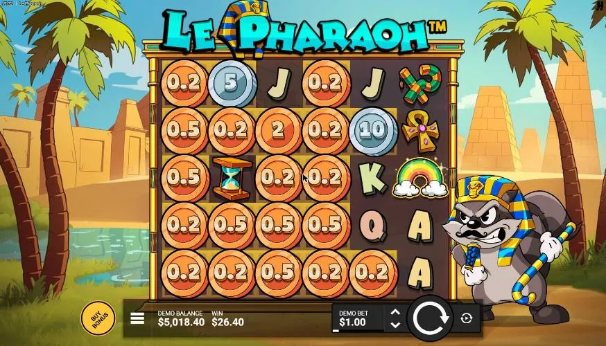 Le Pharaoh base spin 8 at a $1 bet, settled: Bronze and Silver Coins over five reels after a Rainbow on reel 6, WIN $26.40