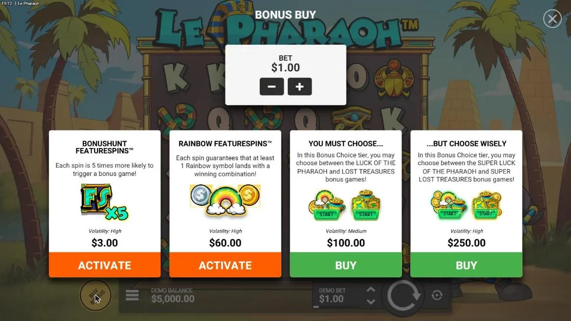 Le Pharaoh buy menu at a $1 bet: BonusHunt FeatureSpins $3, Rainbow FeatureSpins $60, You Must Choose... $100 and ...But Choose Wisely $250