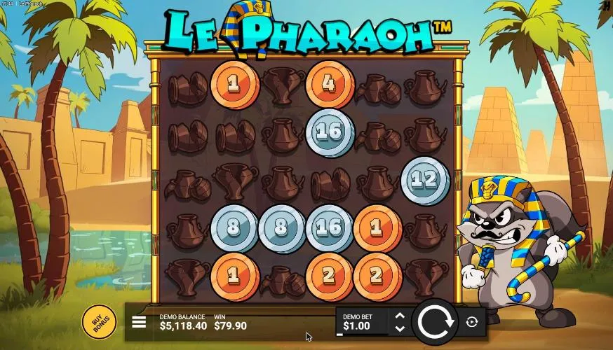 Le Pharaoh board after our natural Lost Treasures, settled: Bronze and Silver Coins among dead urns, WIN $79.90, balance $5,118.40