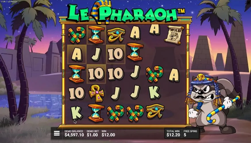 Le Pharaoh Super Luck of the Pharaoh free spin from our $250 buy: Golden Squares lit on reels 1 to 3, no Rainbow, TOTAL WIN $12.20