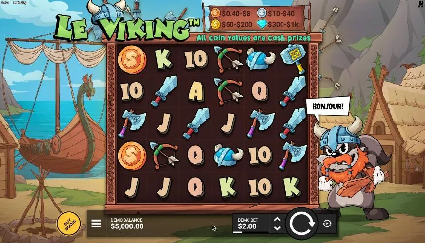 Le Viking base game at the opening $2.00 bet: a 6x5 grid of letters, bows, axes and coins on a beach, Smokey as a Viking saying BONJOUR