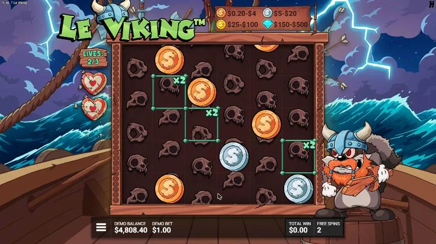 Le Viking Berserk bonus from our $100 buy on a stormy longship: three x2 Grid Multipliers, sticky coins, LIVES 2/3, TOTAL WIN $0.00