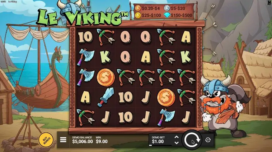 Le Viking base spin 25 at a $1 bet, settled: bows on all six reels forming one winning way, WIN $9.00, balance $5,006.00