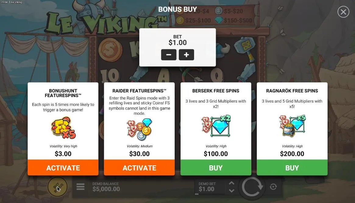 Le Viking buy menu at a $1 bet: BonusHunt FeatureSpins $3, Raider FeatureSpins $30, Berserk Free Spins $100 and Ragnarok $200