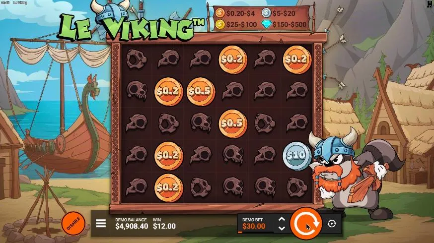 Le Viking Raider FeatureSpins spin 10 at a $30 bet, settled: Bronze Coins of $0.20 and $0.50 and a $10 Silver among skulls, WIN $12.00