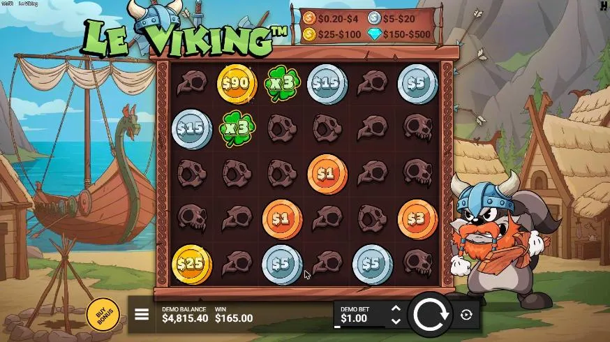 Le Viking board after our $200 Ragnarok buy, settled: Gold Coins of $90 and $25, Silver and Bronze Coins, two x3 Clovers, WIN $165.00