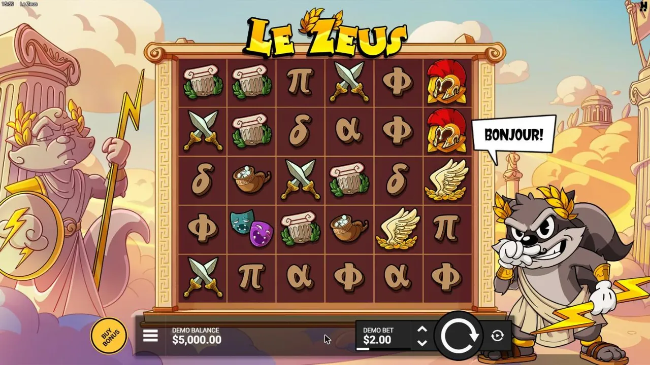 Le Zeus base game before our first spin: a 6x5 grid of Greek letters, columns, swords and helmets, Smokey in a toga saying BONJOUR