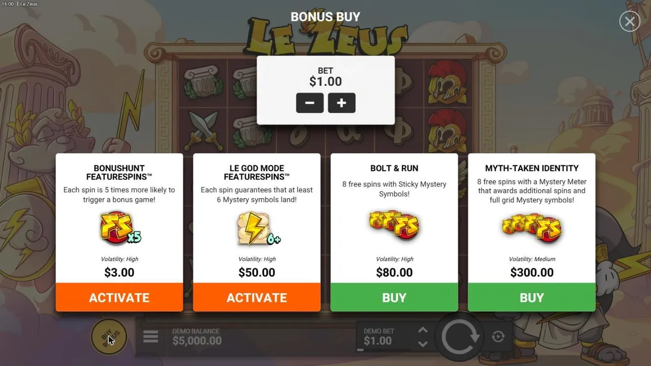 Le Zeus buy menu at a $1 bet: BonusHunt FeatureSpins $3, Le God Mode FeatureSpins $50, Bolt & Run $80 and Myth-Taken Identity $300