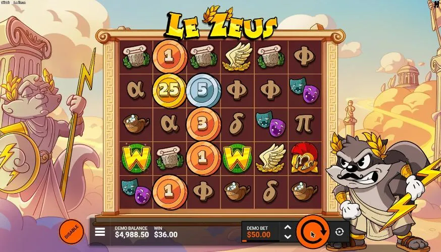 Le Zeus Le God Mode FeatureSpins spin 10 at a $50 demo bet, settled: coins of 1 to 25 on two Mystery Reels, WIN $36.00