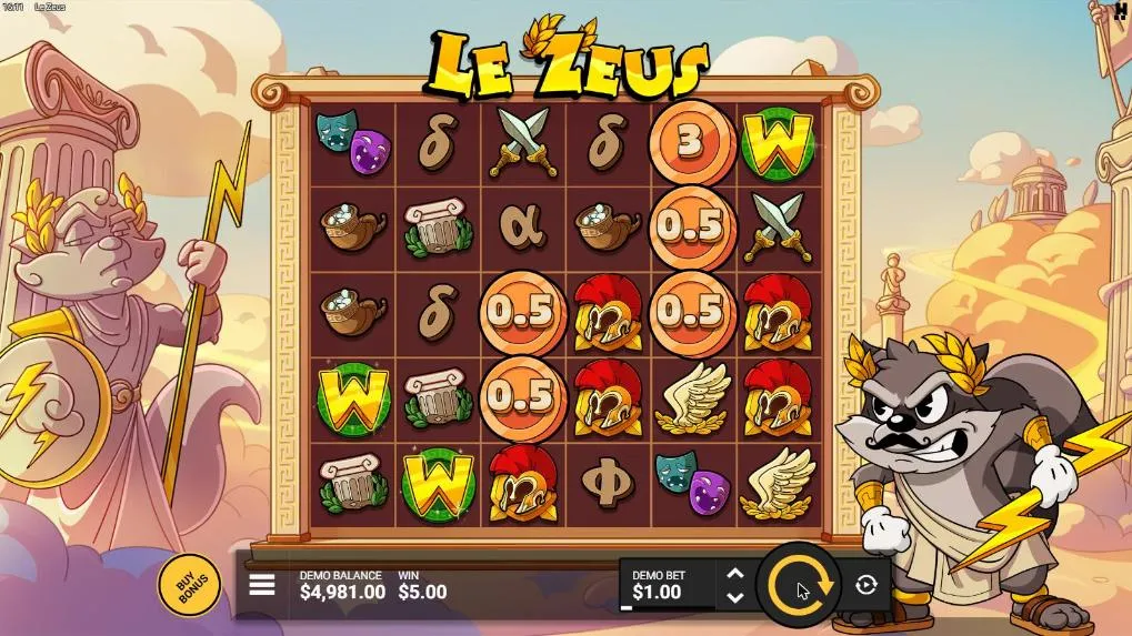 Le Zeus base spin 66 at a $1 bet, settled: Mystery Reels showing Bronze Coins of 3 and 0.5 among Wilds and helmets, WIN $5.00