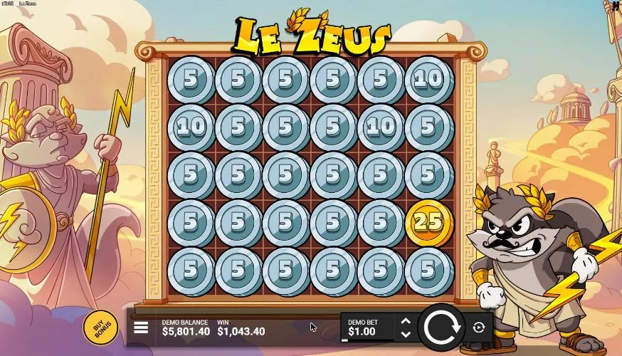 Le Zeus board after our $300 Myth-Taken Identity buy: a full grid of 5 and 10 Silver Coins and one 25 Gold, WIN $1,043.40