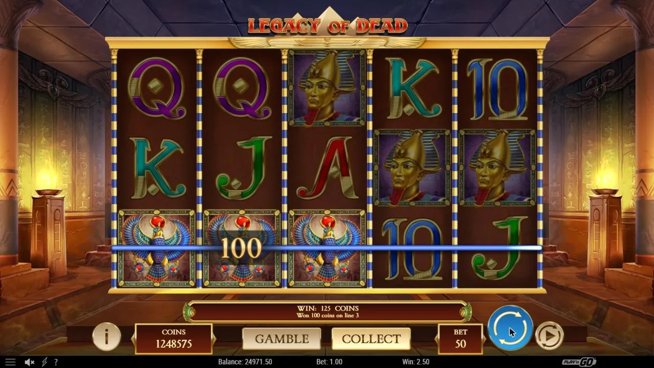 Legacy of Dead base spin 39 at a $1 bet: three Horus symbols on line 3 labelled 100, WIN: 125 COINS, Win 2.50, GAMBLE and COLLECT