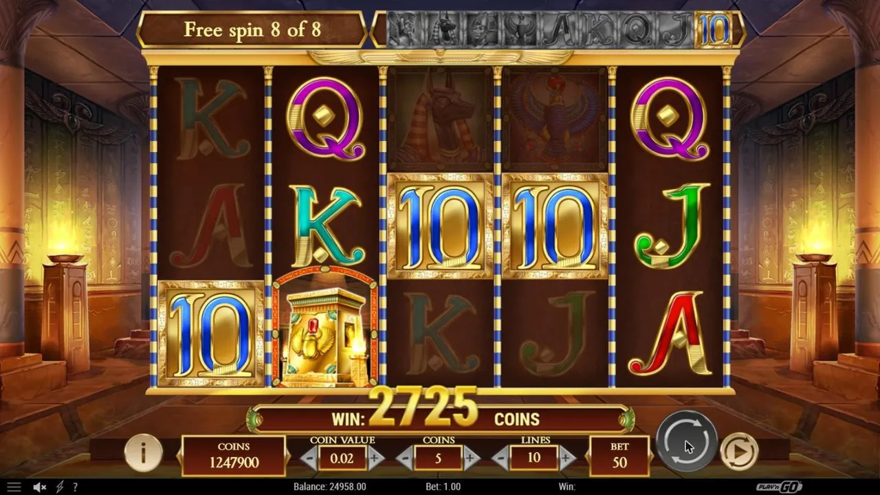Legacy of Dead free spin 8 of 8 at a $1 bet, settled: WIN 2725 COINS, gold 10s on the reels and the 10 lit in the symbol bar