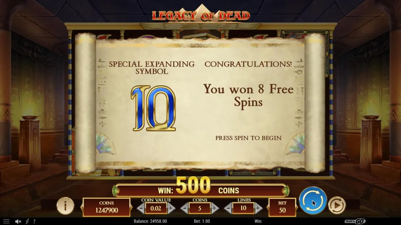 Legacy of Dead award scroll after base spin 58 at a $1 bet: SPECIAL EXPANDING SYMBOL showing a blue 10, You won 8 Free Spins
