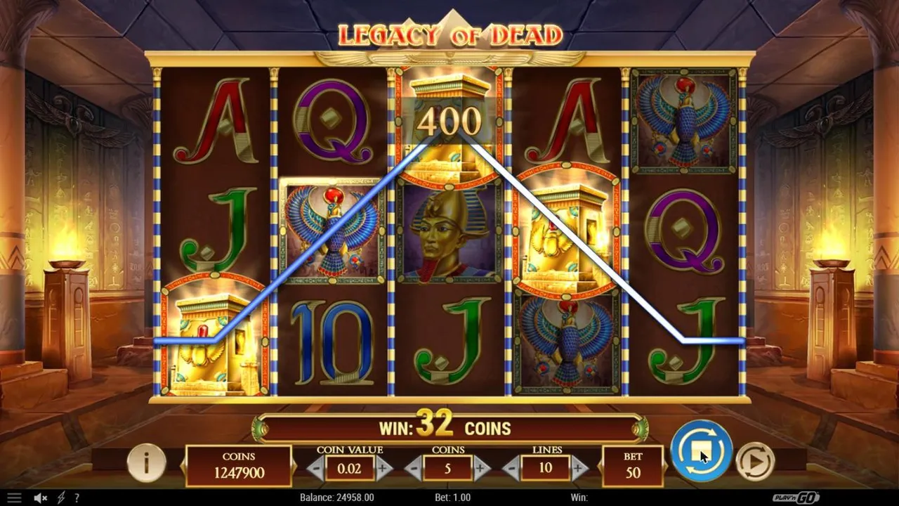 Legacy of Dead base spin 58 at a $1 bet: three glowing Tomb scatters on reels 1, 3 and 4 trigger the free spins in a torchlit tomb