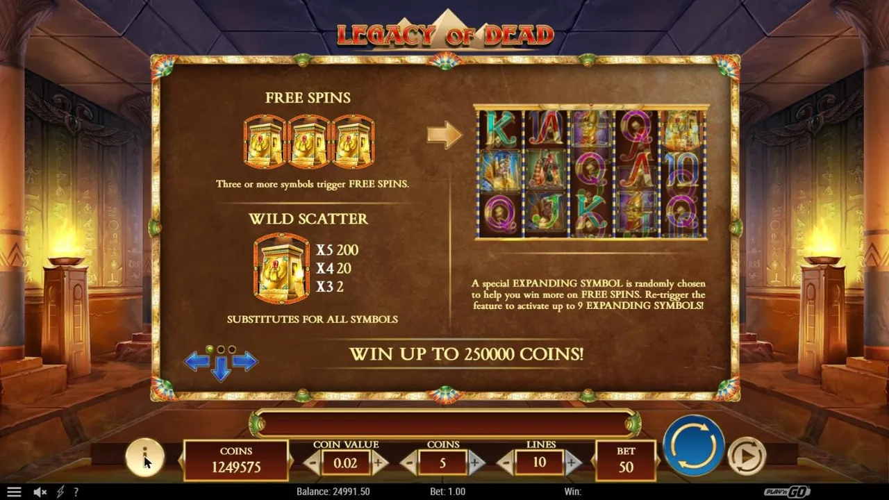 Legacy of Dead paytable page 1: three Tombs for free spins, the WILD SCATTER Tomb paying 200, 20 or 2, and WIN UP TO 250000 COINS