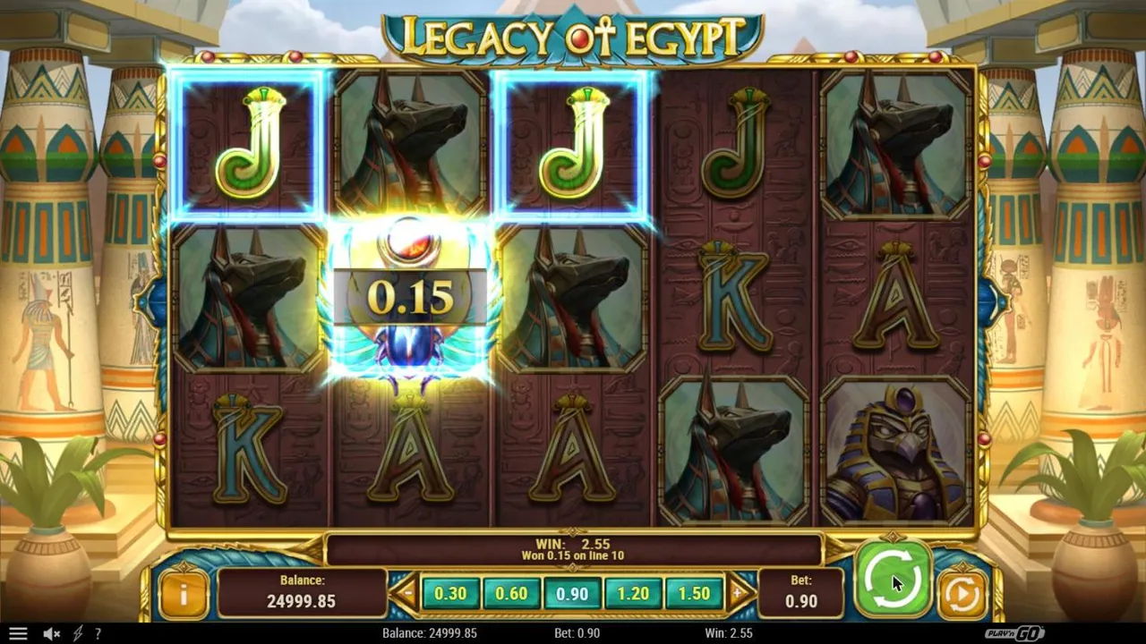 Legacy of Egypt base spin 3 at a $0.90 bet: a scarab wild on reel 2 joins two Js on a line labelled 0.15, WIN 2.55, Balance 24999.85