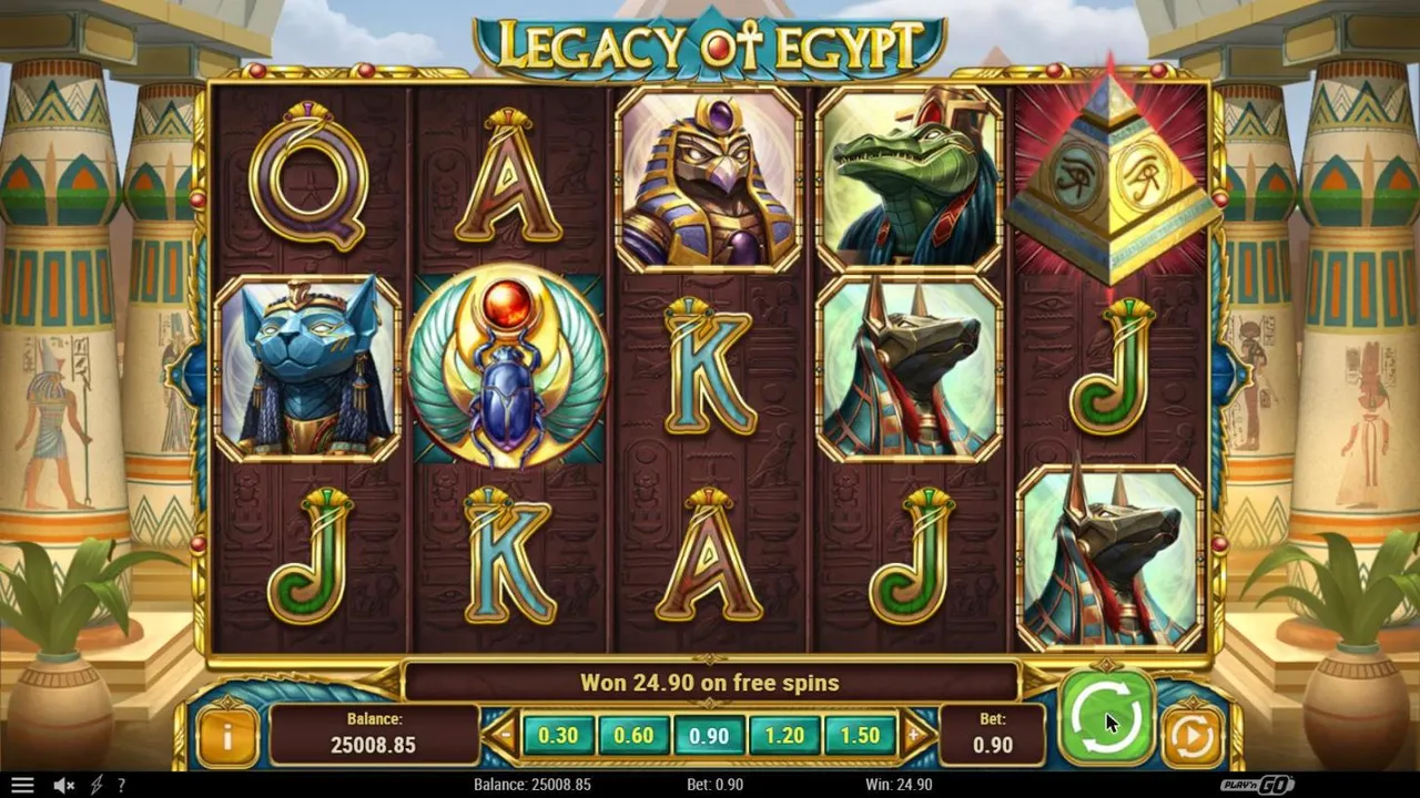 Legacy of Egypt after the free spins from base spin 25 at a $0.90 bet: Won 24.90 on free spins, Balance 25008.85 and Win 24.90