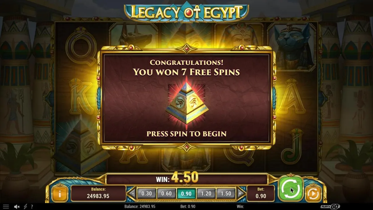 Legacy of Egypt free spins award at a $0.90 bet: You won 7 free spins over a pyramid, press spin to begin, WIN 4.50 below