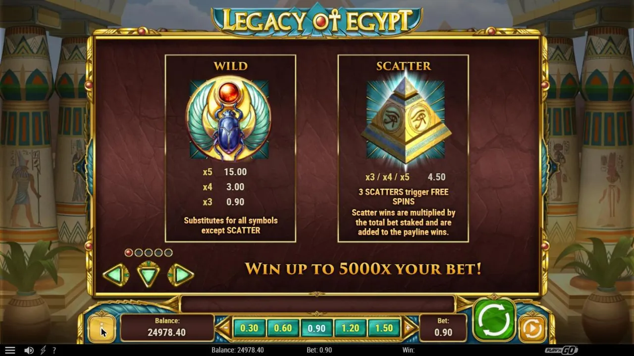 Legacy of Egypt paytable page 1 at a 0.90 bet: the scarab wild at 15.00 for five, the pyramid scatter at 4.50 and Win up to 5000x your bet