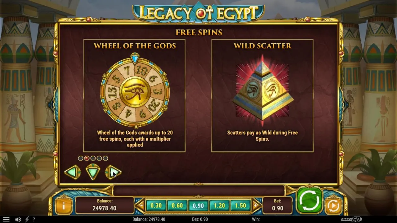 Legacy of Egypt paytable page 2: the Wheel of the Gods with segments from 3 to 20 free spins and the pyramid paying as a Wild Scatter