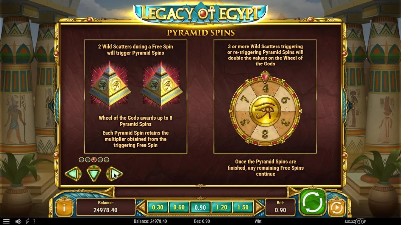 Legacy of Egypt paytable page 3: two Wild Scatters trigger Pyramid Spins, a wheel of 3 to 8 spins, and three or more double its values