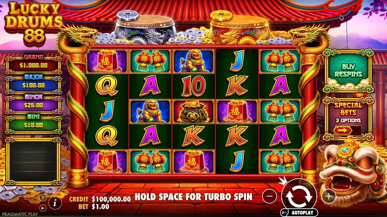Lucky Drums 88 base game at a $1 bet: a 5x5 grid of coin bags, lions, envelopes and lanterns, with silver and gold drums on the temple roof
