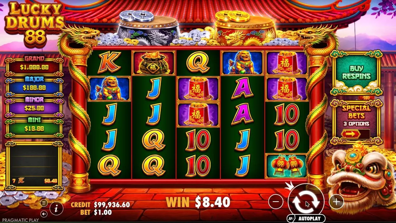 Lucky Drums 88 spin 90 at a $1 bet, settled after the tumble: WIN $8.40, with the win list on the left reading 7 K $8.40