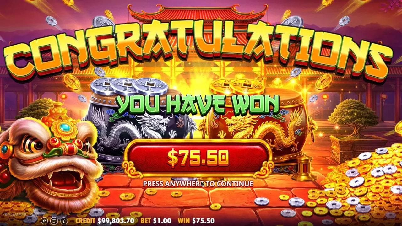 Lucky Drums 88 result screen after the $200 Buy Respins: Congratulations, you have won $75.50, in front of the two drums
