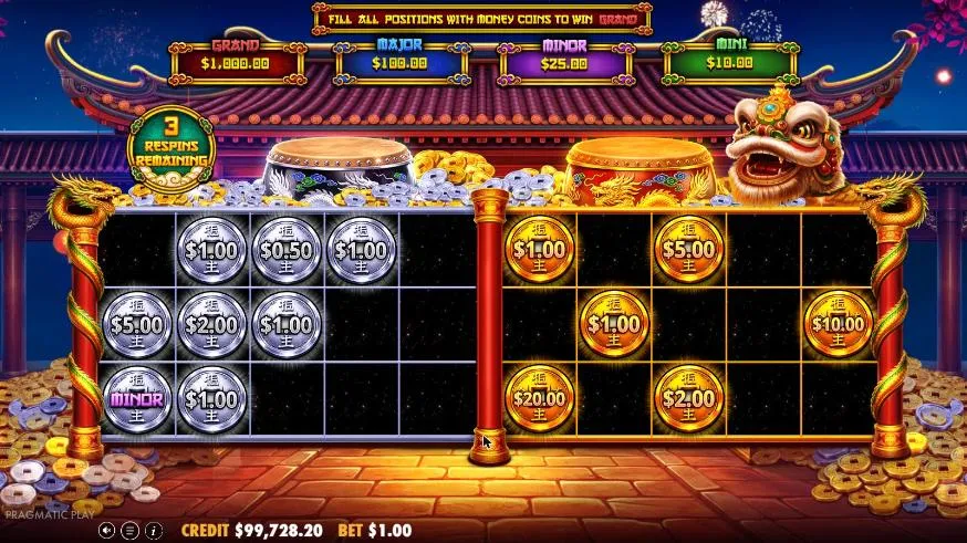 Lucky Drums 88 Hold & Spin from our $200 buy: a silver grid with 8 coins including a MINOR and a gold grid with 6 coins up to $20.00