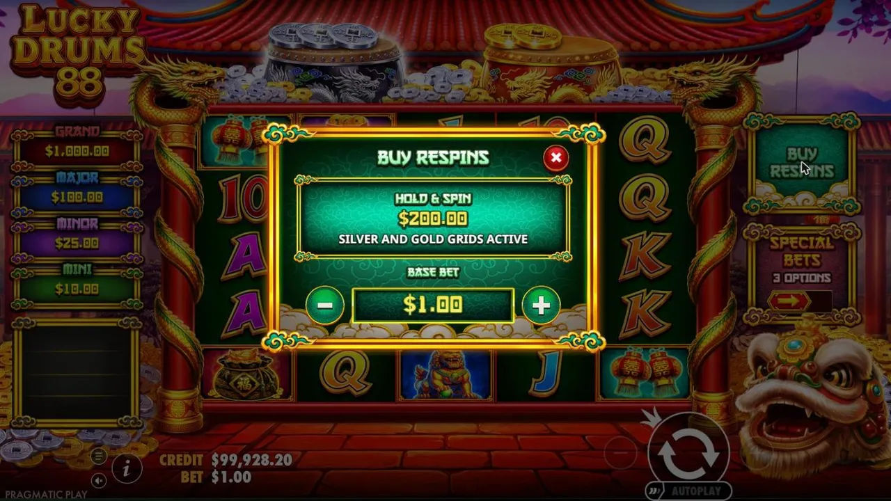 Lucky Drums 88 Buy Respins menu at a $1 base bet: Hold & Spin for $200.00 with the silver and gold grids both active